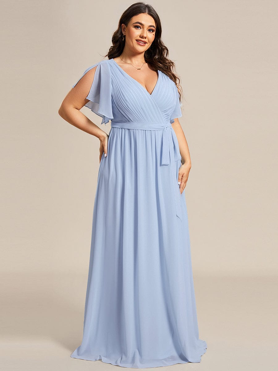 večerní šaty LEORA | V - krk s volánkovými rukávy, dlouhé až na zem, A - line, šifon | Evening Dresses | Elora Praha