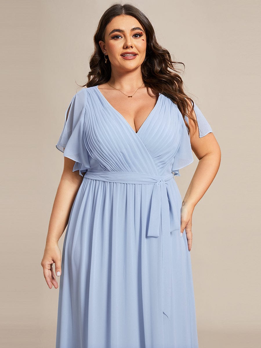 večerní šaty LEORA | V - krk s volánkovými rukávy, dlouhé až na zem, A - line, šifon | Evening Dresses | Elora Praha