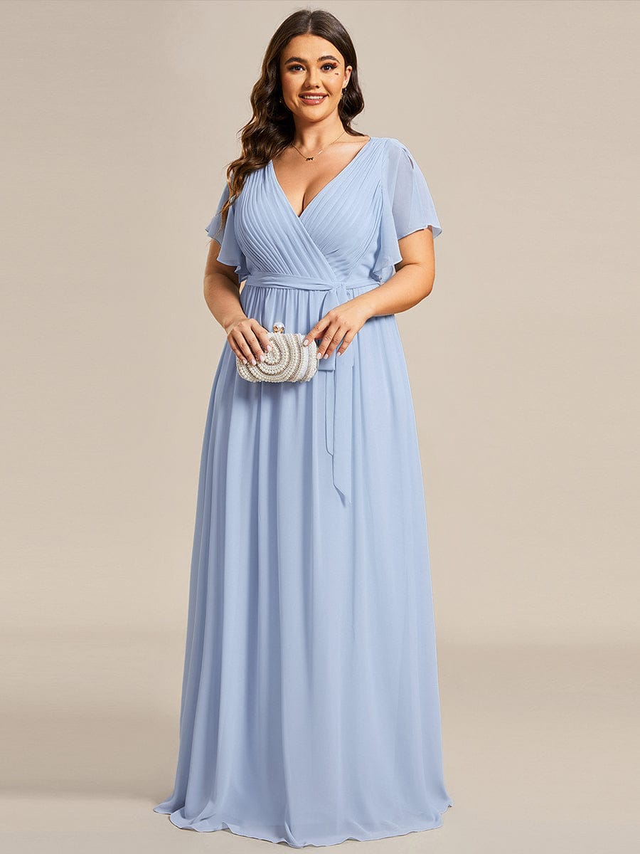 večerní šaty LEORA | V - krk s volánkovými rukávy, dlouhé až na zem, A - line, šifon | Evening Dresses | Elora Praha