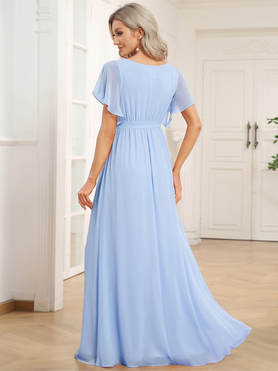 večerní šaty LEORA | V - krk s volánkovými rukávy, dlouhé až na zem, A - line, šifon | Evening Dresses | Elora Praha