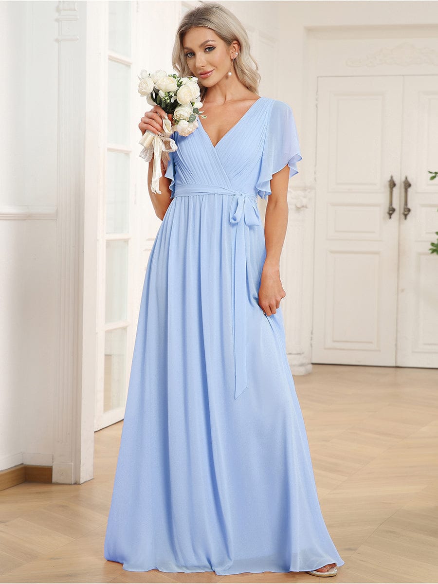 večerní šaty LEORA | V - krk s volánkovými rukávy, dlouhé až na zem, A - line, šifon | Evening Dresses | Elora Praha