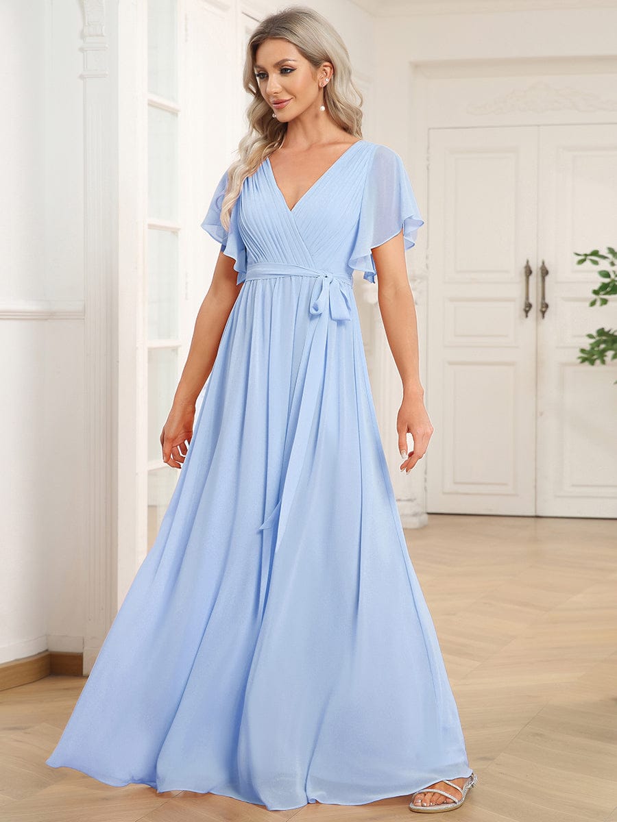 večerní šaty LEORA | V - krk s volánkovými rukávy, dlouhé až na zem, A - line, šifon | Evening Dresses | Elora Praha
