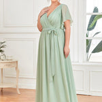 večerní šaty LEORA | V - krk s volánkovými rukávy, dlouhé až na zem, A - line, šifon | Evening Dresses | Elora Praha