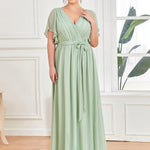 večerní šaty LEORA | V - krk s volánkovými rukávy, dlouhé až na zem, A - line, šifon | Evening Dresses | Elora Praha