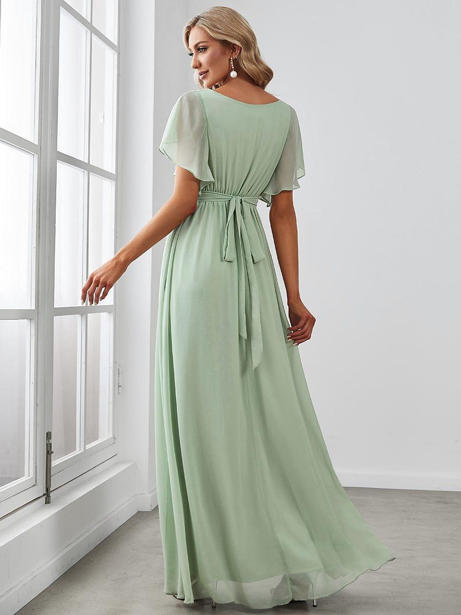 večerní šaty LEORA | V - krk s volánkovými rukávy, dlouhé až na zem, A - line, šifon | Evening Dresses | Elora Praha