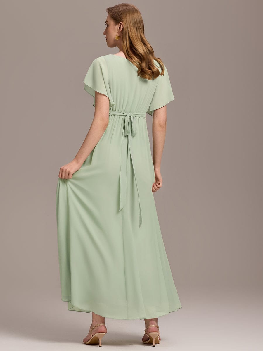 večerní šaty LEORA | V - krk s volánkovými rukávy, dlouhé až na zem, A - line, šifon | Evening Dresses | Elora Praha