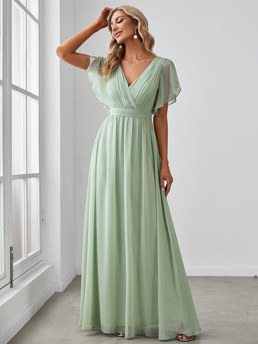 večerní šaty LEORA | V - krk s volánkovými rukávy, dlouhé až na zem, A - line, šifon | Evening Dresses | Elora Praha