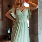večerní šaty LEORA | V - krk s volánkovými rukávy, dlouhé až na zem, A - line, šifon | Evening Dresses | Elora Praha