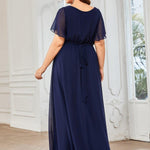 večerní šaty LEORA | V - krk s volánkovými rukávy, dlouhé až na zem, A - line, šifon | Evening Dresses | Elora Praha