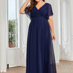 večerní šaty LEORA | V - krk s volánkovými rukávy, dlouhé až na zem, A - line, šifon | Evening Dresses | Elora Praha