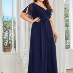 večerní šaty LEORA | V - krk s volánkovými rukávy, dlouhé až na zem, A - line, šifon | Evening Dresses | Elora Praha