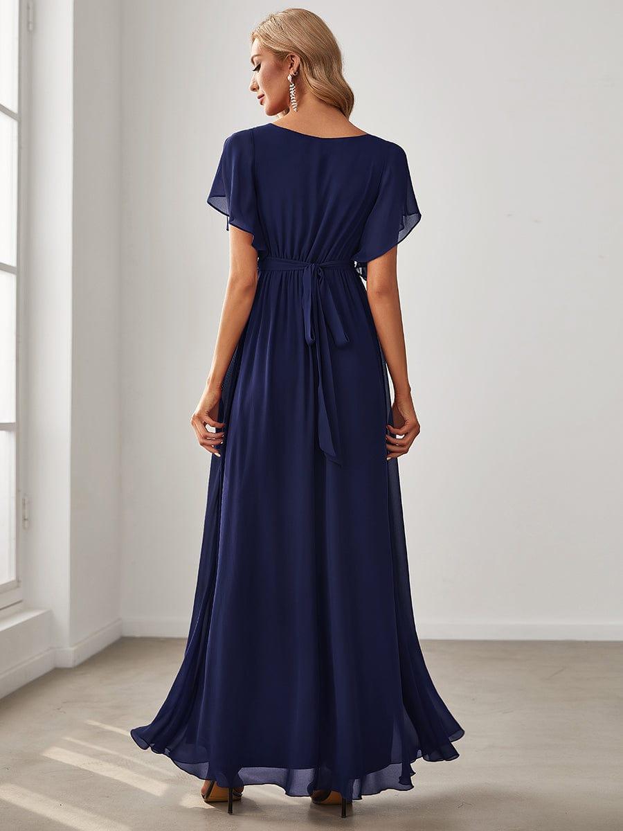 večerní šaty LEORA | V - krk s volánkovými rukávy, dlouhé až na zem, A - line, šifon | Evening Dresses | Elora Praha