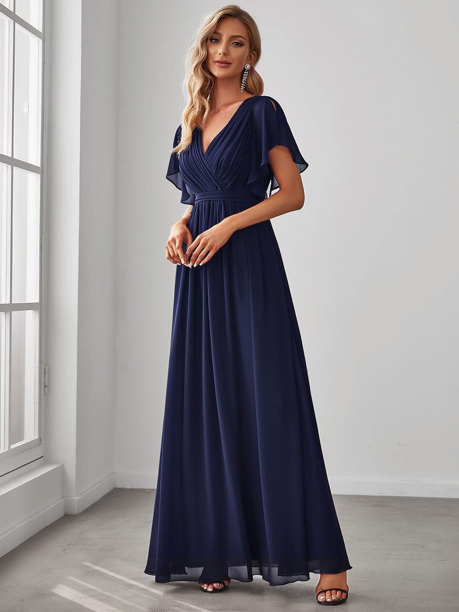 večerní šaty LEORA | V - krk s volánkovými rukávy, dlouhé až na zem, A - line, šifon | Evening Dresses | Elora Praha