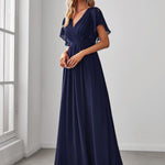 večerní šaty LEORA | V - krk s volánkovými rukávy, dlouhé až na zem, A - line, šifon | Evening Dresses | Elora Praha