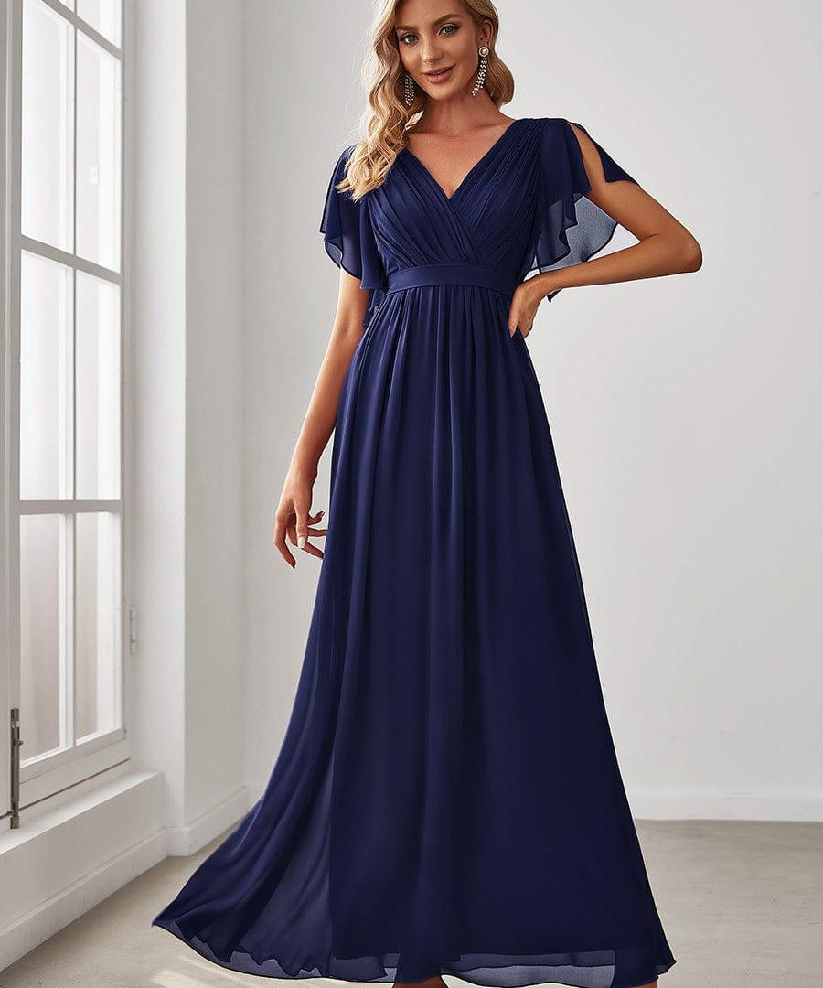večerní šaty LEORA | V - krk s volánkovými rukávy, dlouhé až na zem, A - line, šifon | Evening Dresses | Elora Praha