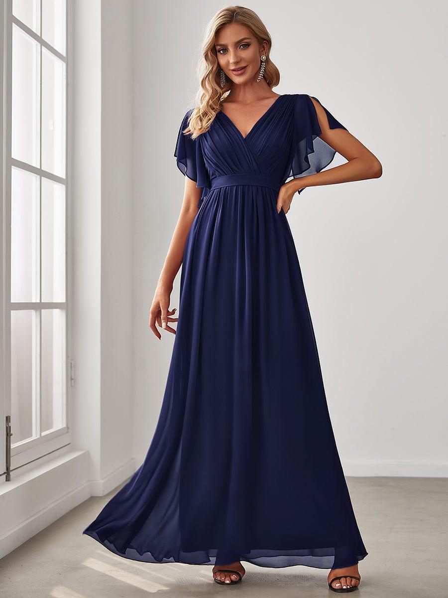 večerní šaty LEORA | V - krk s volánkovými rukávy, dlouhé až na zem, A - line, šifon | Evening Dresses | Elora Praha