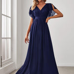 večerní šaty LEORA | V - krk s volánkovými rukávy, dlouhé až na zem, A - line, šifon | Evening Dresses | Elora Praha