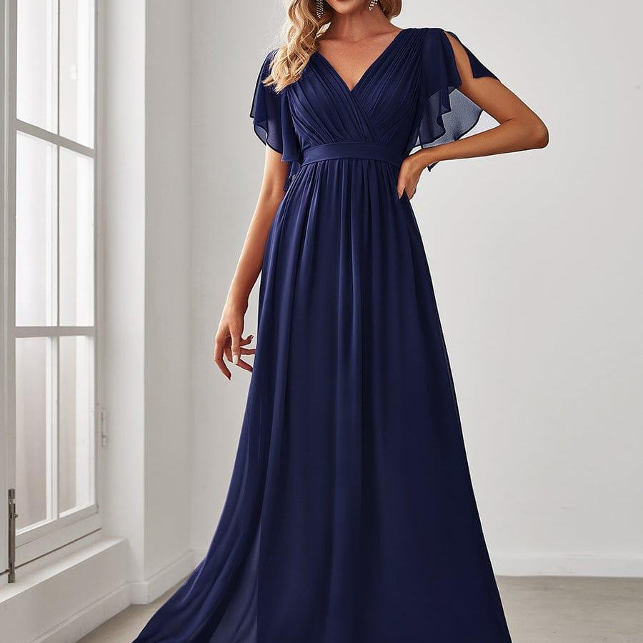 večerní šaty LEORA | V - krk s volánkovými rukávy, dlouhé až na zem, A - line, šifon | Evening Dresses | Elora Praha