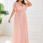 večerní šaty LEORA | V - krk s volánkovými rukávy, dlouhé až na zem, A - line, šifon | Evening Dresses | Elora Praha