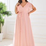 večerní šaty LEORA | V - krk s volánkovými rukávy, dlouhé až na zem, A - line, šifon | Evening Dresses | Elora Praha