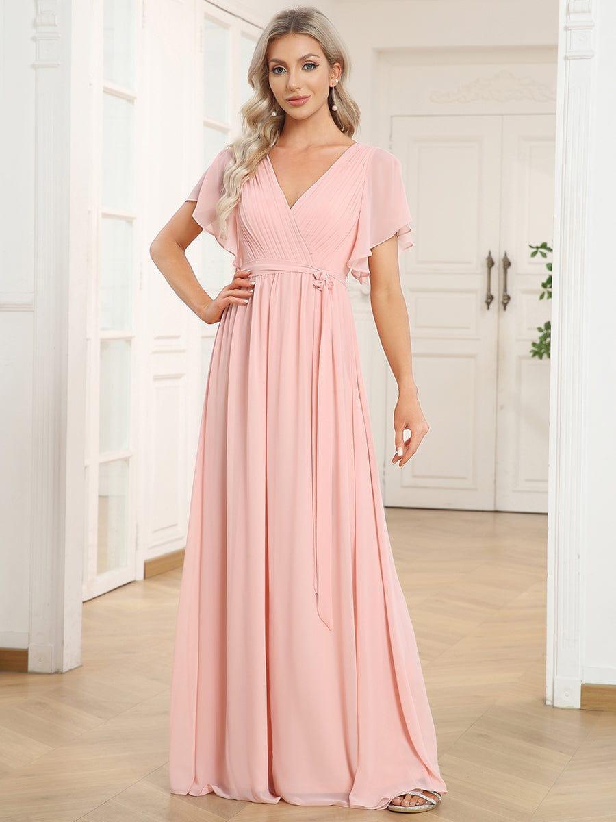 večerní šaty LEORA | V - krk s volánkovými rukávy, dlouhé až na zem, A - line, šifon | Evening Dresses | Elora Praha