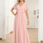 večerní šaty LEORA | V - krk s volánkovými rukávy, dlouhé až na zem, A - line, šifon | Evening Dresses | Elora Praha