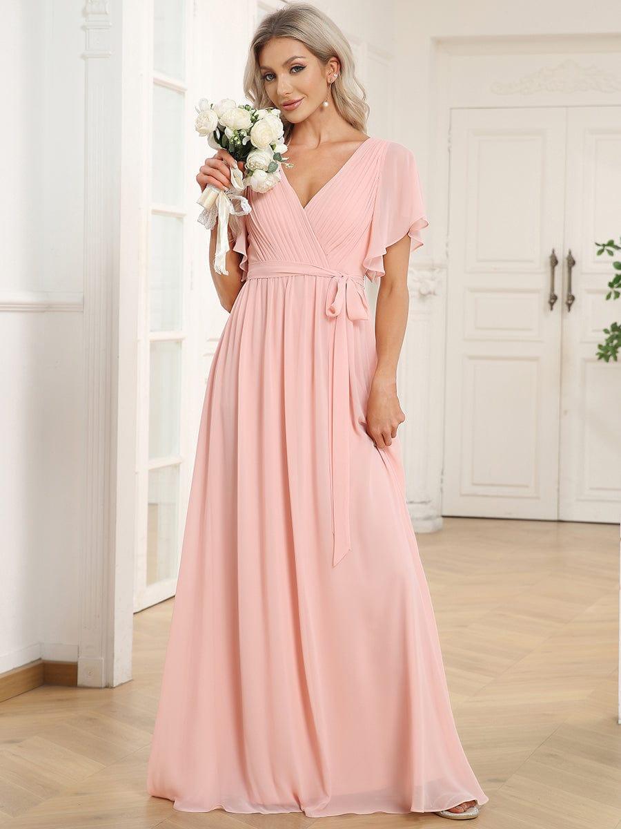 večerní šaty LEORA | V - krk s volánkovými rukávy, dlouhé až na zem, A - line, šifon | Evening Dresses | Elora Praha
