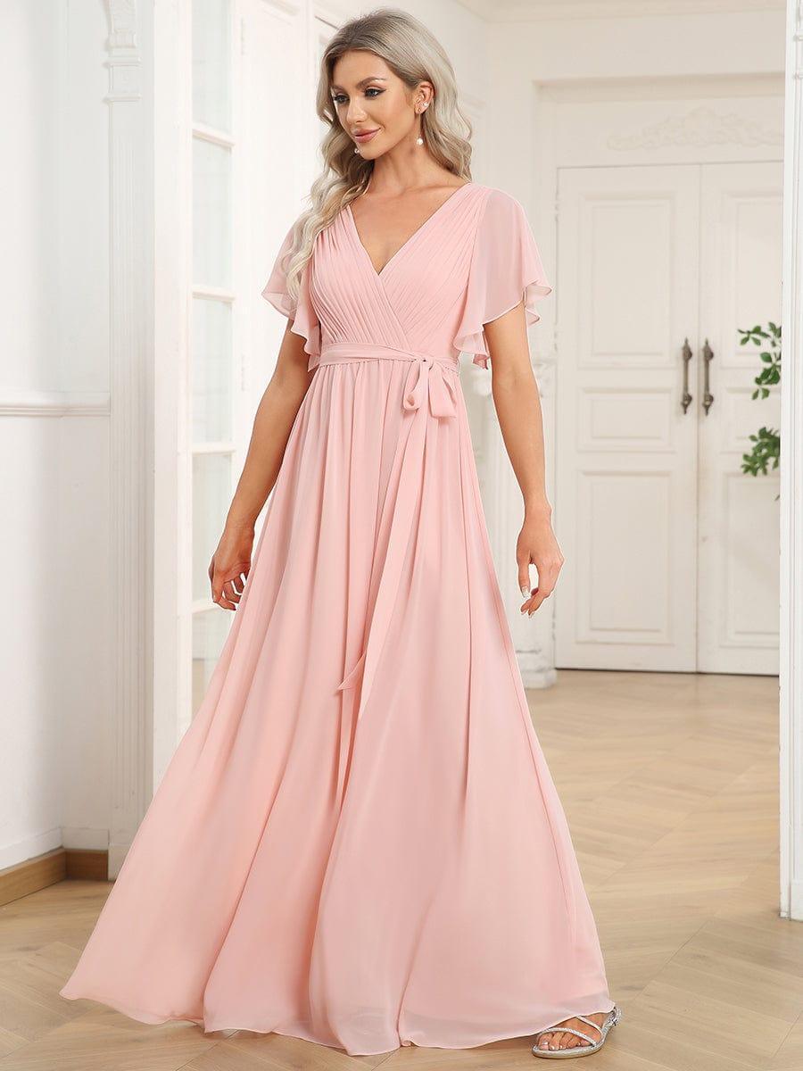 večerní šaty LEORA | V - krk s volánkovými rukávy, dlouhé až na zem, A - line, šifon | Evening Dresses | Elora Praha