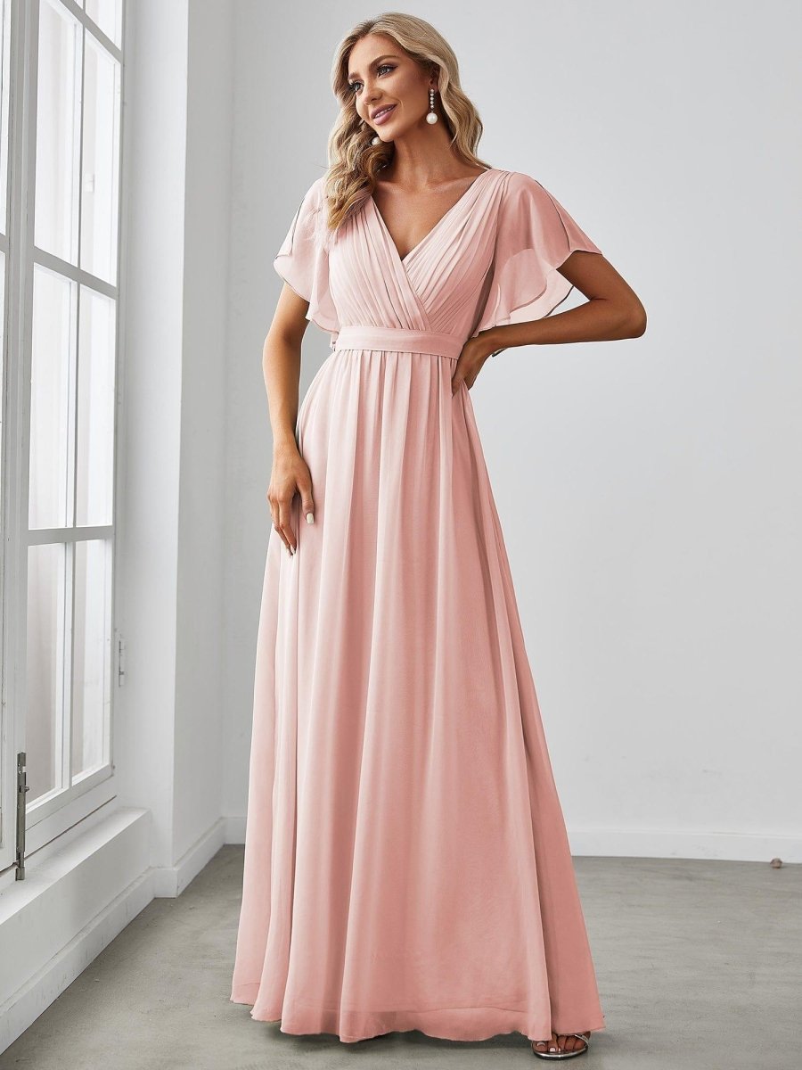 večerní šaty LEORA | V - krk s volánkovými rukávy, dlouhé až na zem, A - line, šifon | Evening Dresses | Elora Praha