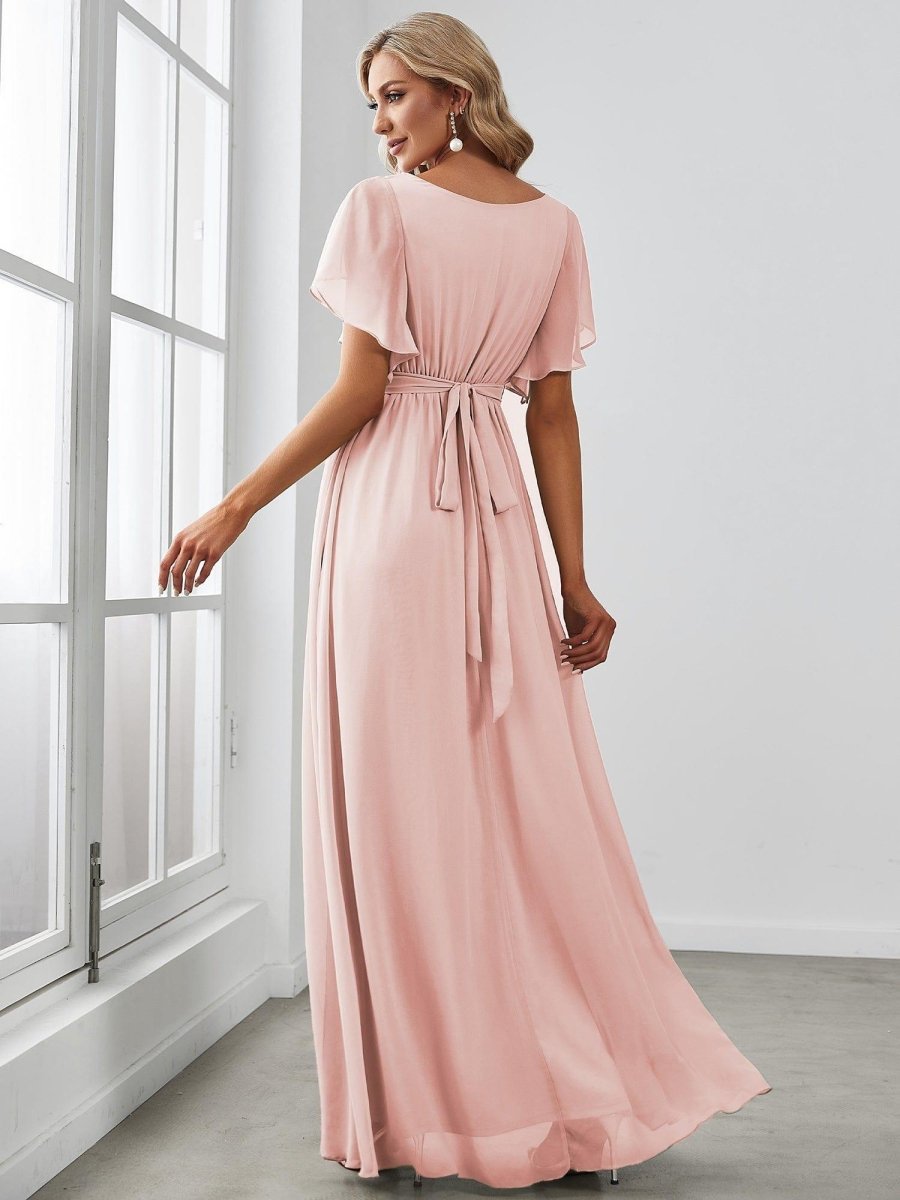 večerní šaty LEORA | V - krk s volánkovými rukávy, dlouhé až na zem, A - line, šifon | Evening Dresses | Elora Praha