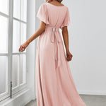 večerní šaty LEORA | V - krk s volánkovými rukávy, dlouhé až na zem, A - line, šifon | Evening Dresses | Elora Praha