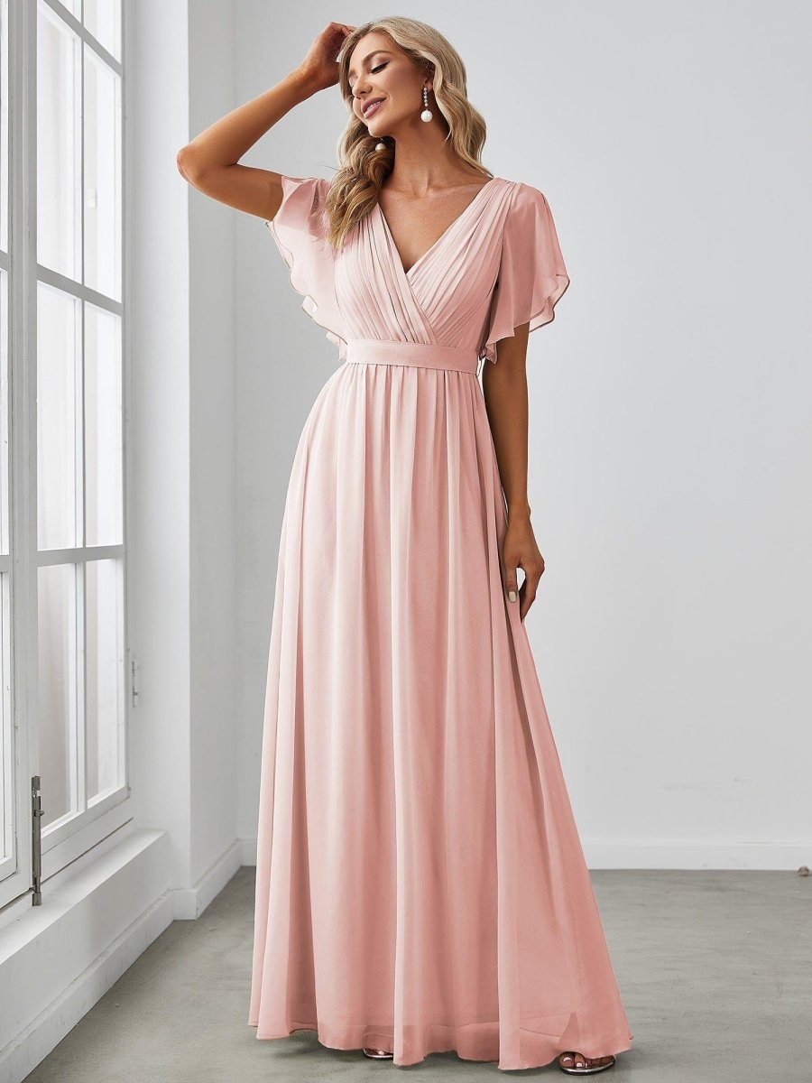 večerní šaty LEORA | V - krk s volánkovými rukávy, dlouhé až na zem, A - line, šifon | Evening Dresses | Elora Praha