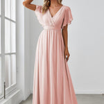 večerní šaty LEORA | V - krk s volánkovými rukávy, dlouhé až na zem, A - line, šifon | Evening Dresses | Elora Praha