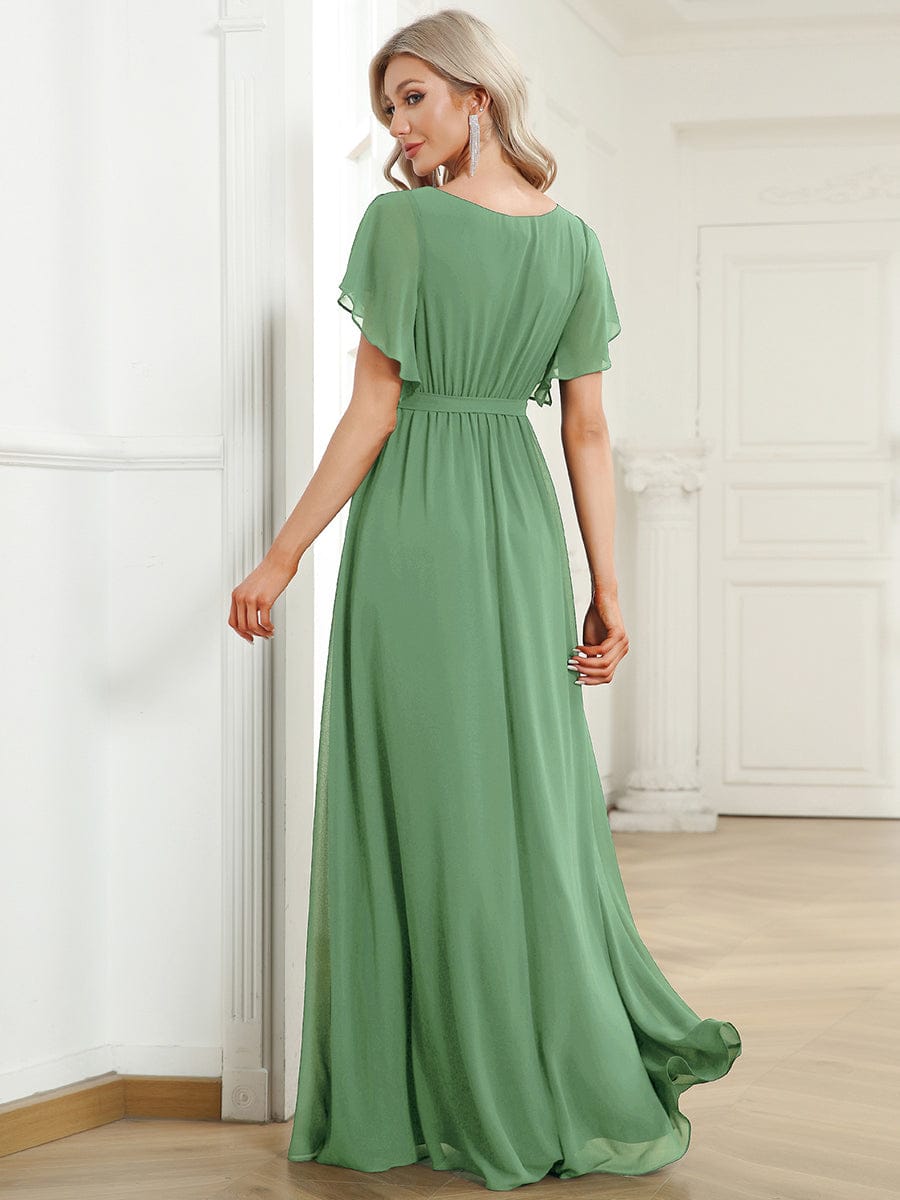 večerní šaty LEORA | V - krk s volánkovými rukávy, dlouhé až na zem, A - line, šifon | Evening Dresses | Elora Praha