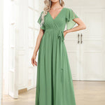 večerní šaty LEORA | V - krk s volánkovými rukávy, dlouhé až na zem, A - line, šifon | Evening Dresses | Elora Praha