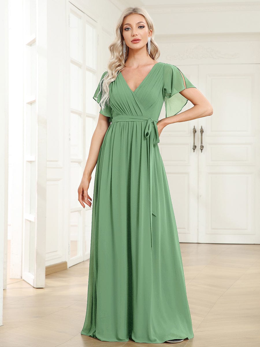 večerní šaty LEORA | V - krk s volánkovými rukávy, dlouhé až na zem, A - line, šifon | Evening Dresses | Elora Praha