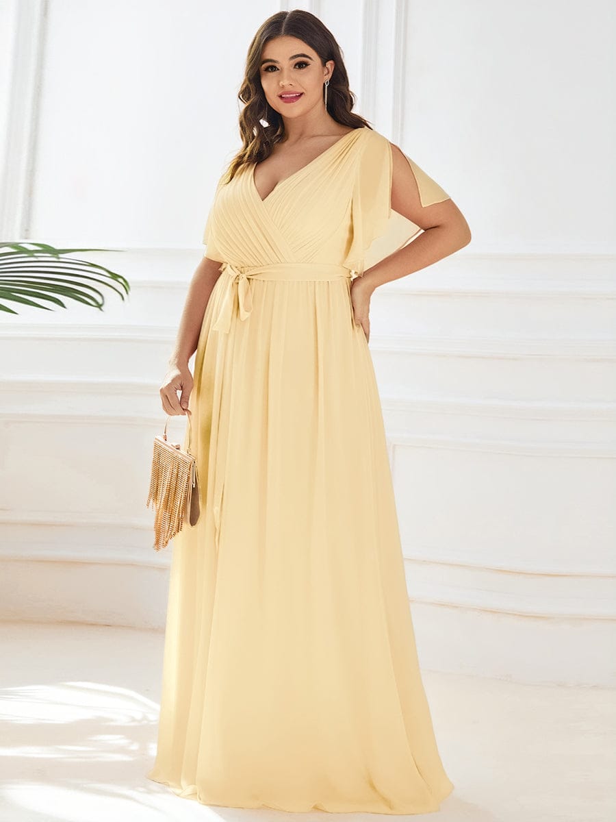 večerní šaty LEORA | V - krk s volánkovými rukávy, dlouhé až na zem, A - line, šifon | Evening Dresses | Elora Praha