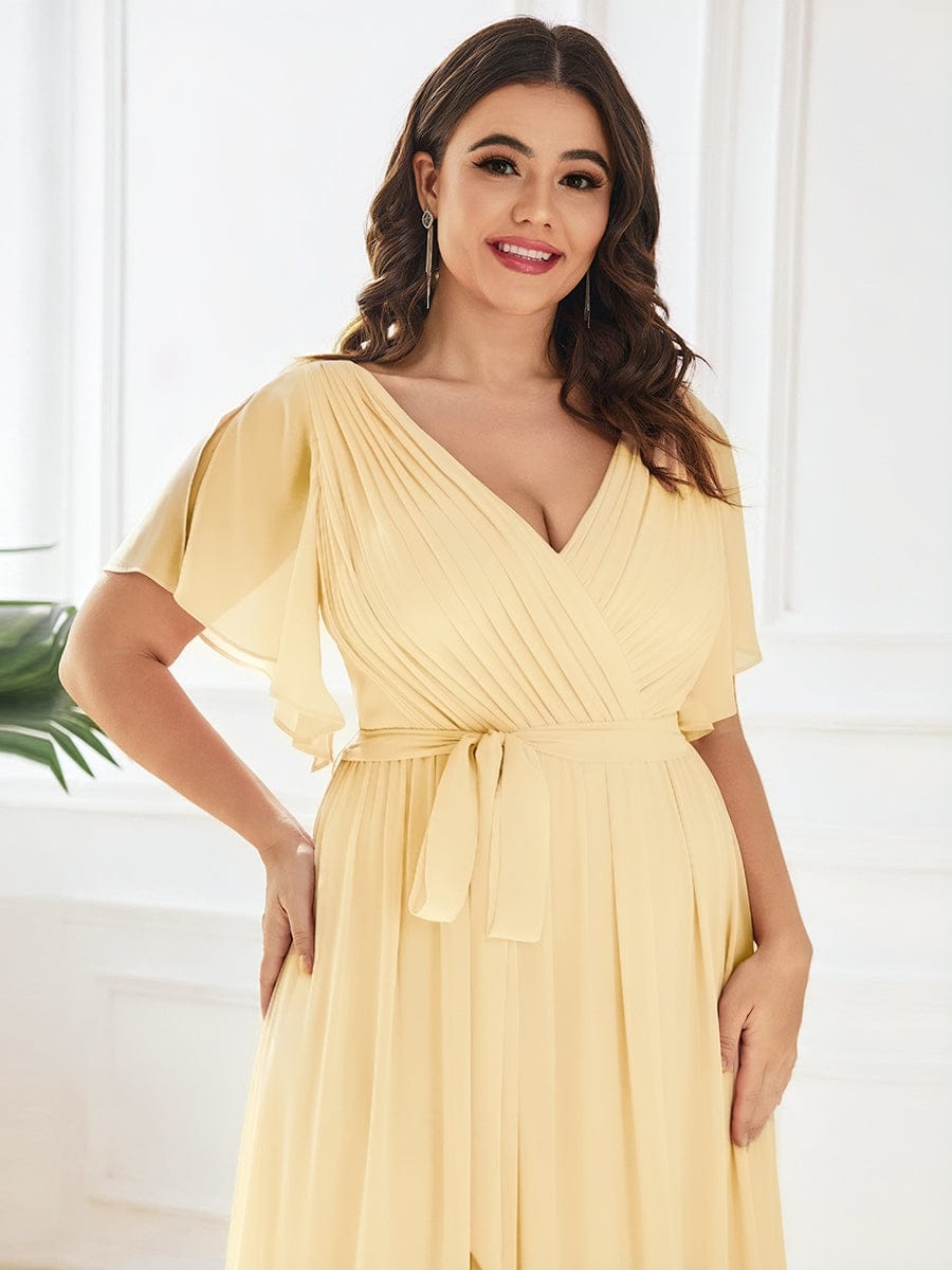 večerní šaty LEORA | V - krk s volánkovými rukávy, dlouhé až na zem, A - line, šifon | Evening Dresses | Elora Praha