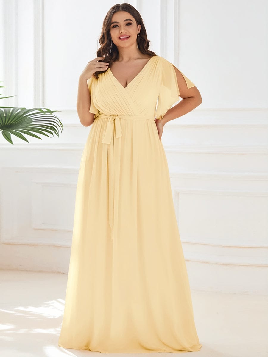 večerní šaty LEORA | V - krk s volánkovými rukávy, dlouhé až na zem, A - line, šifon | Evening Dresses | Elora Praha