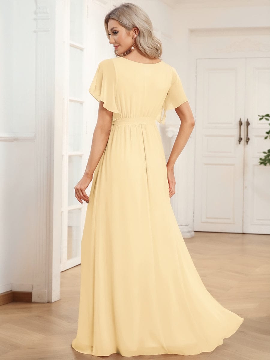 večerní šaty LEORA | V - krk s volánkovými rukávy, dlouhé až na zem, A - line, šifon | Evening Dresses | Elora Praha