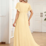 večerní šaty LEORA | V - krk s volánkovými rukávy, dlouhé až na zem, A - line, šifon | Evening Dresses | Elora Praha