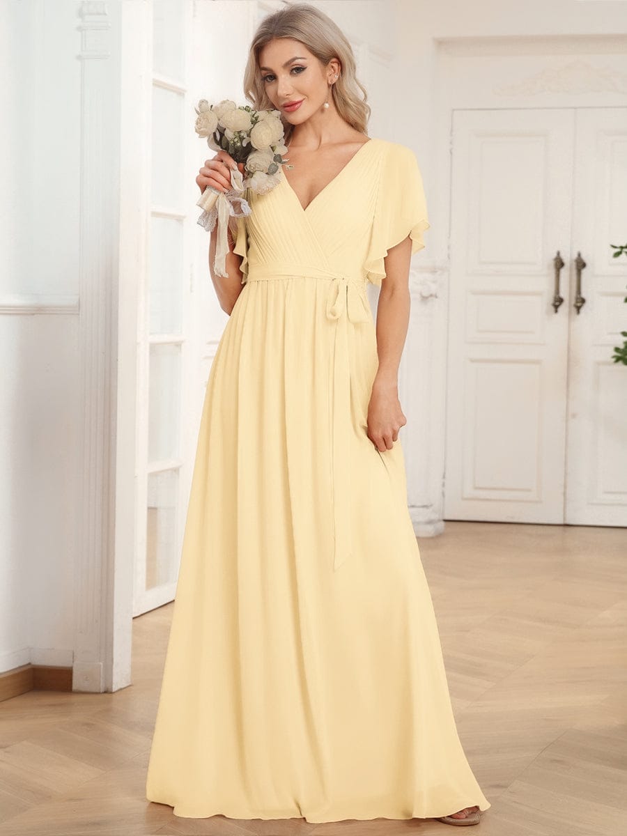 večerní šaty LEORA | V - krk s volánkovými rukávy, dlouhé až na zem, A - line, šifon | Evening Dresses | Elora Praha