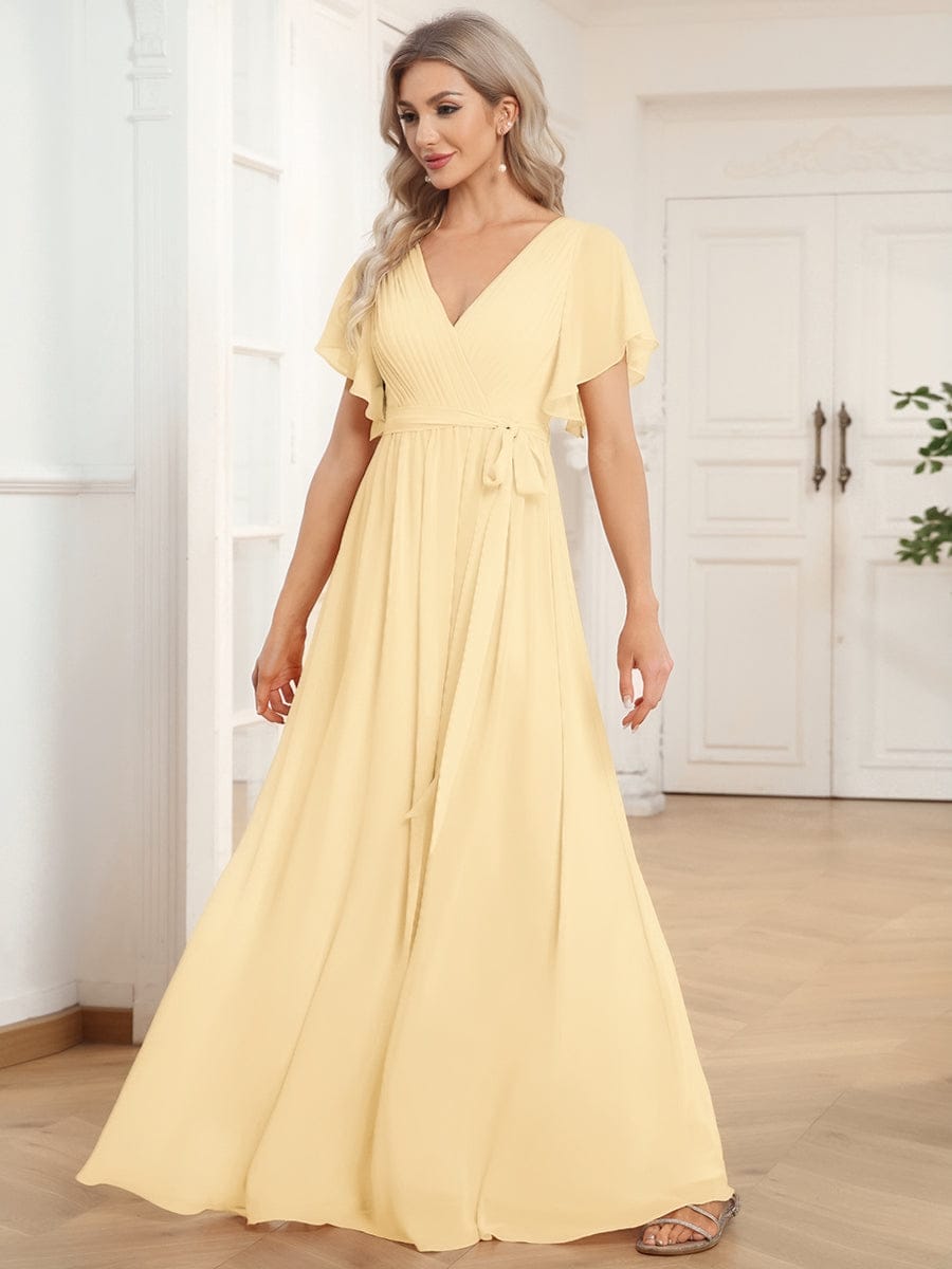 večerní šaty LEORA | V - krk s volánkovými rukávy, dlouhé až na zem, A - line, šifon | Evening Dresses | Elora Praha