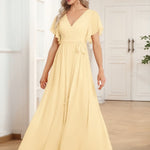 večerní šaty LEORA | V - krk s volánkovými rukávy, dlouhé až na zem, A - line, šifon | Evening Dresses | Elora Praha