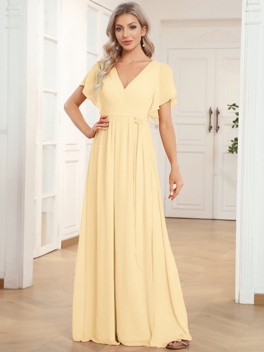 večerní šaty LEORA | V - krk s volánkovými rukávy, dlouhé až na zem, A - line, šifon | Evening Dresses | Elora Praha