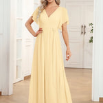 večerní šaty LEORA | V - krk s volánkovými rukávy, dlouhé až na zem, A - line, šifon | Evening Dresses | Elora Praha