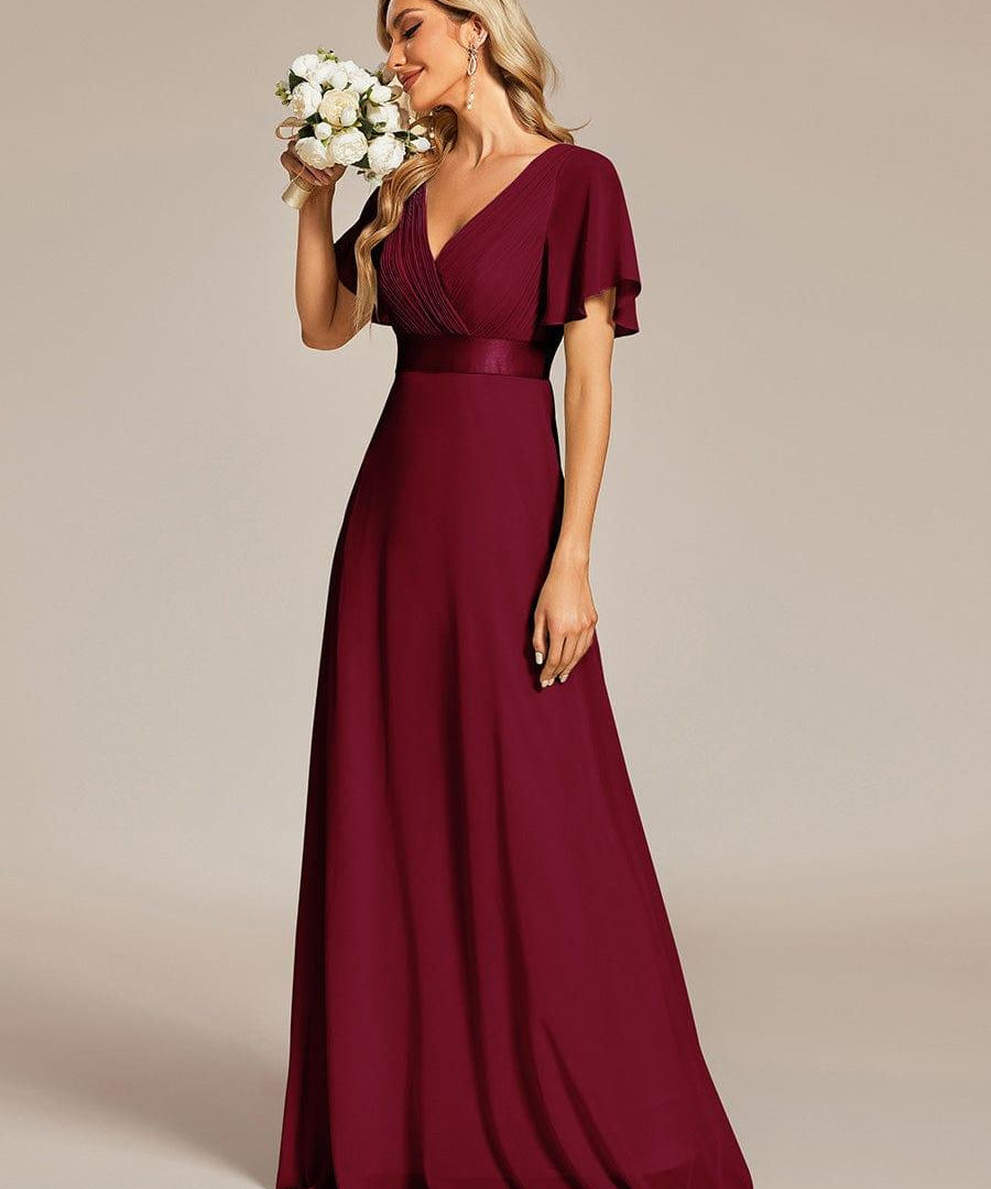 MONICA | Dlouhé šaty pro družičky s empírovým pasem a krátkými volánkovými rukávy | Bridesmaid Dresses | Elora Praha
