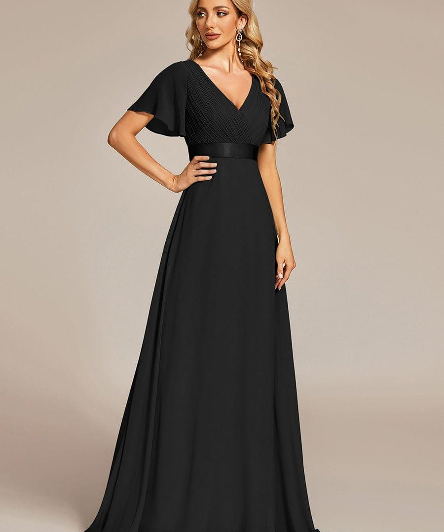 MONICA | Dlouhé šaty pro družičky s empírovým pasem a krátkými volánkovými rukávy | Bridesmaid Dresses | Elora Praha