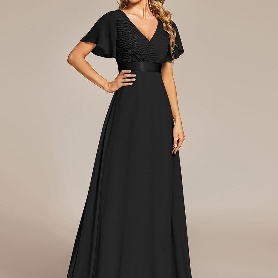 MONICA | Dlouhé šaty pro družičky s empírovým pasem a krátkými volánkovými rukávy | Bridesmaid Dresses | Elora Praha