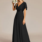 MONICA | Dlouhé šaty pro družičky s empírovým pasem a krátkými volánkovými rukávy | Bridesmaid Dresses | Elora Praha
